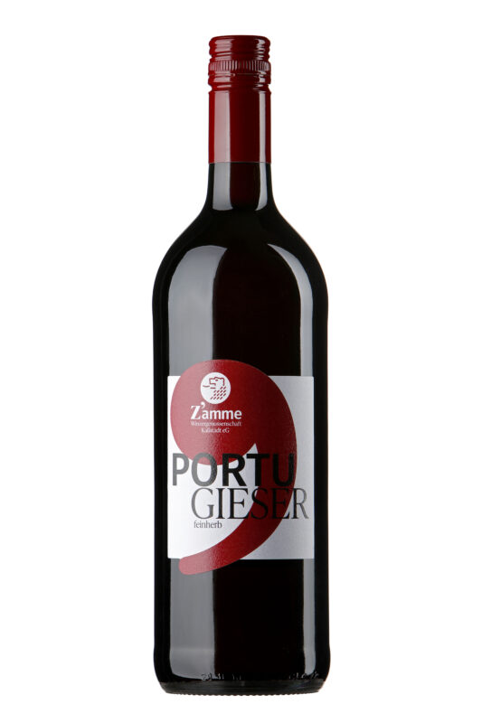 Wine bottle with a red foil cap and a white label reading PORTUGIESER, seen front-on