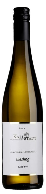 Wine bottle with a white label reading Riesling Kabinett, Ungsteiner Honigsäckel, from Kallstadt, Pfalz (Germany).