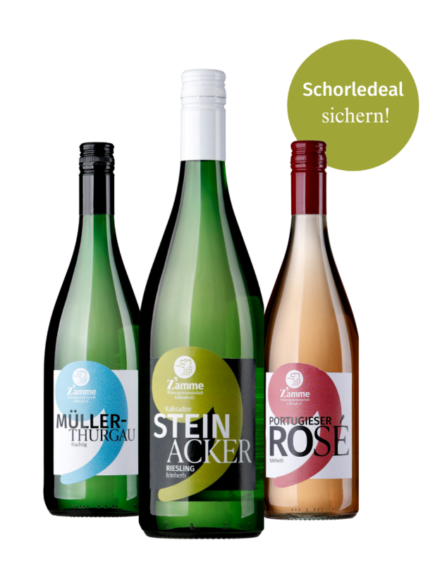 Three wine bottles with colored labels (Müller‑Thurgau, Stein Acker Riesling, Rosé) and a green promo circle reading 'Schorledeal sichern!'