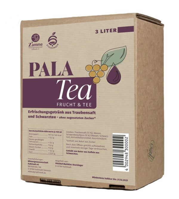 Carton of Pala Tea fruit & tea beverage (3 liters) with grape motif and purple label on beige box.