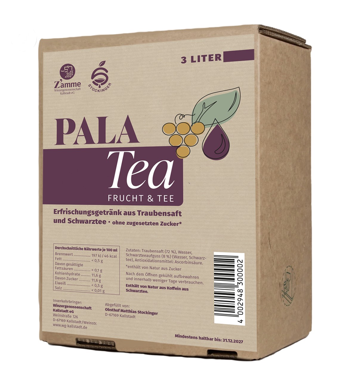 Carton of Pala Tea fruit & tea beverage (3 liters) with grape motif and purple label on beige box.